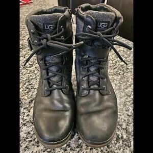 UGG Kesey Bootie Waterproof Lace Up Boots Black Leather Wool Lining US 8.5 EU 39